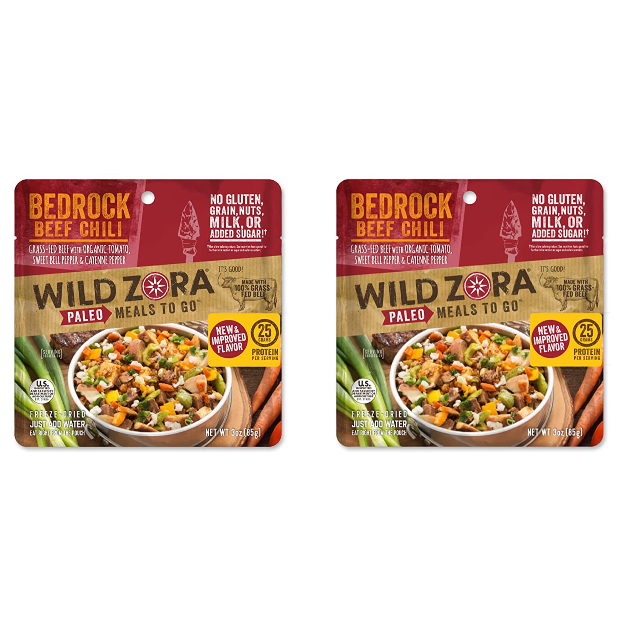 Wild Zora Bedrock Beef Chili 2-pack pouch, ready-to-eat for camping.