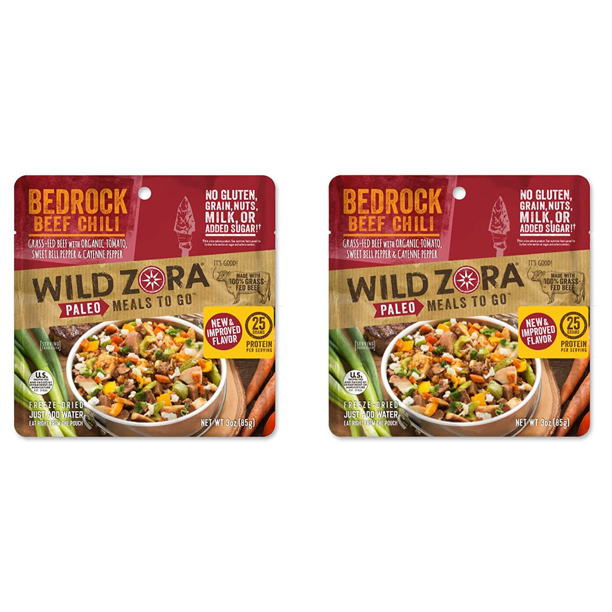 Wild Zora Bedrock Beef Chili 2-pack pouch, ready-to-eat for camping.