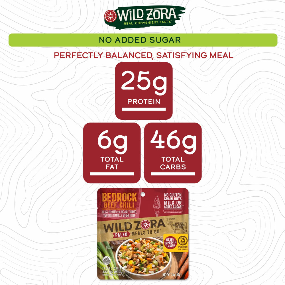 Wild Zora Bedrock Beef Chili backcountry scene, portable meal.