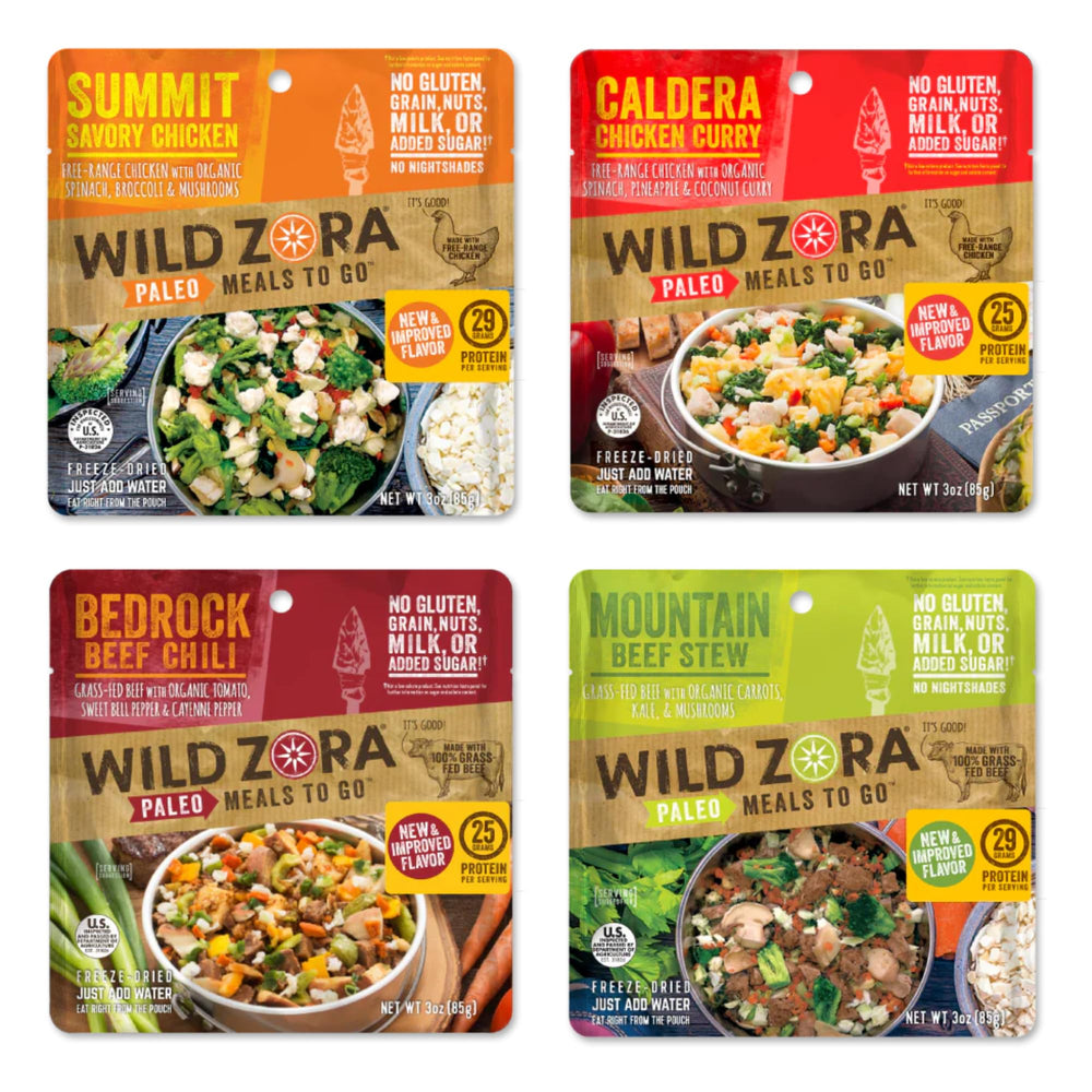 Wild Zora meals 4-pack front cover shows travel-ready camping nutrition.