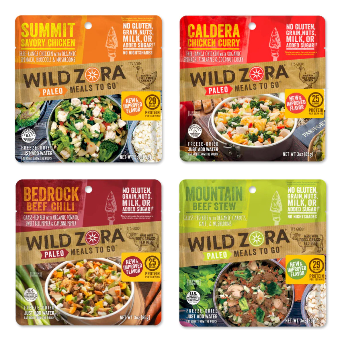 Wild Zora meals 4-pack front cover shows travel-ready camping nutrition.
