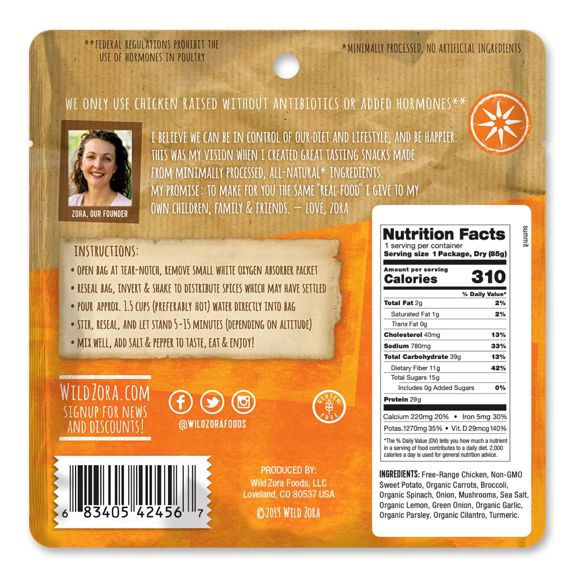 Wild Zora meals free-range chicken close-up signals protein-packed summit meal.