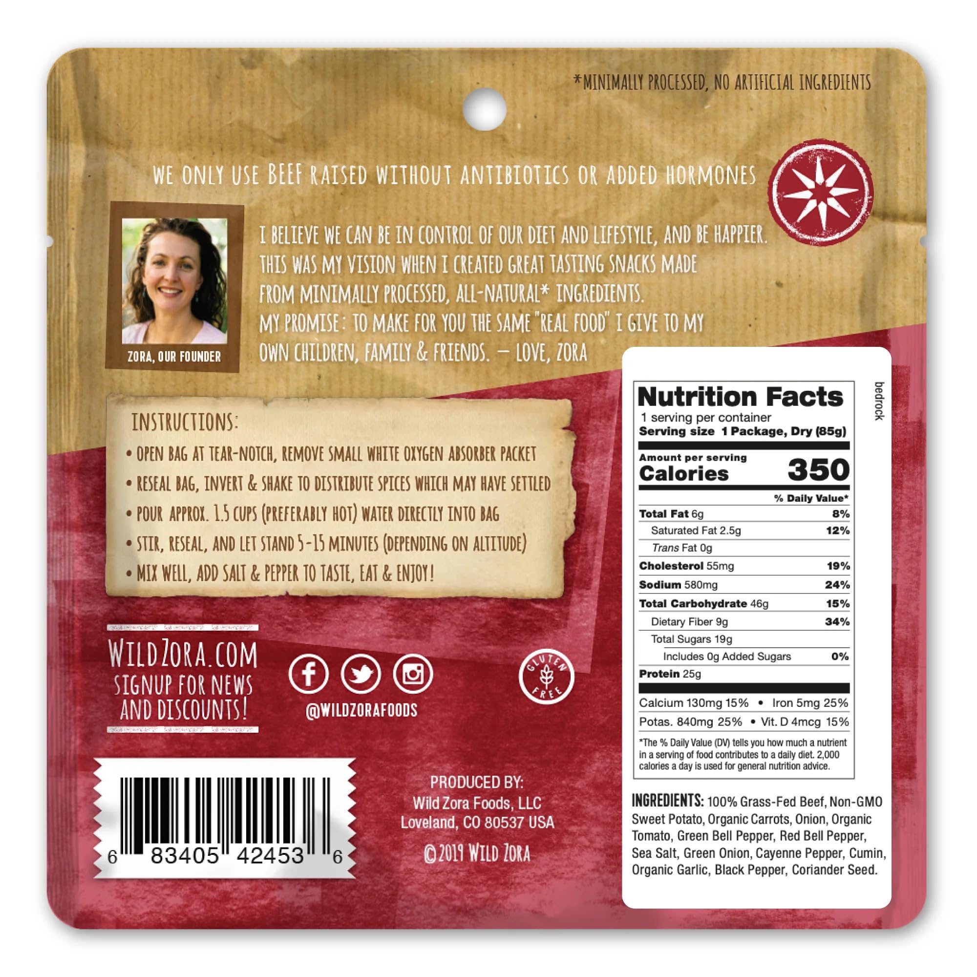 Wild Zora meals grass-fed beef label close-up signals high-protein mountain meal.