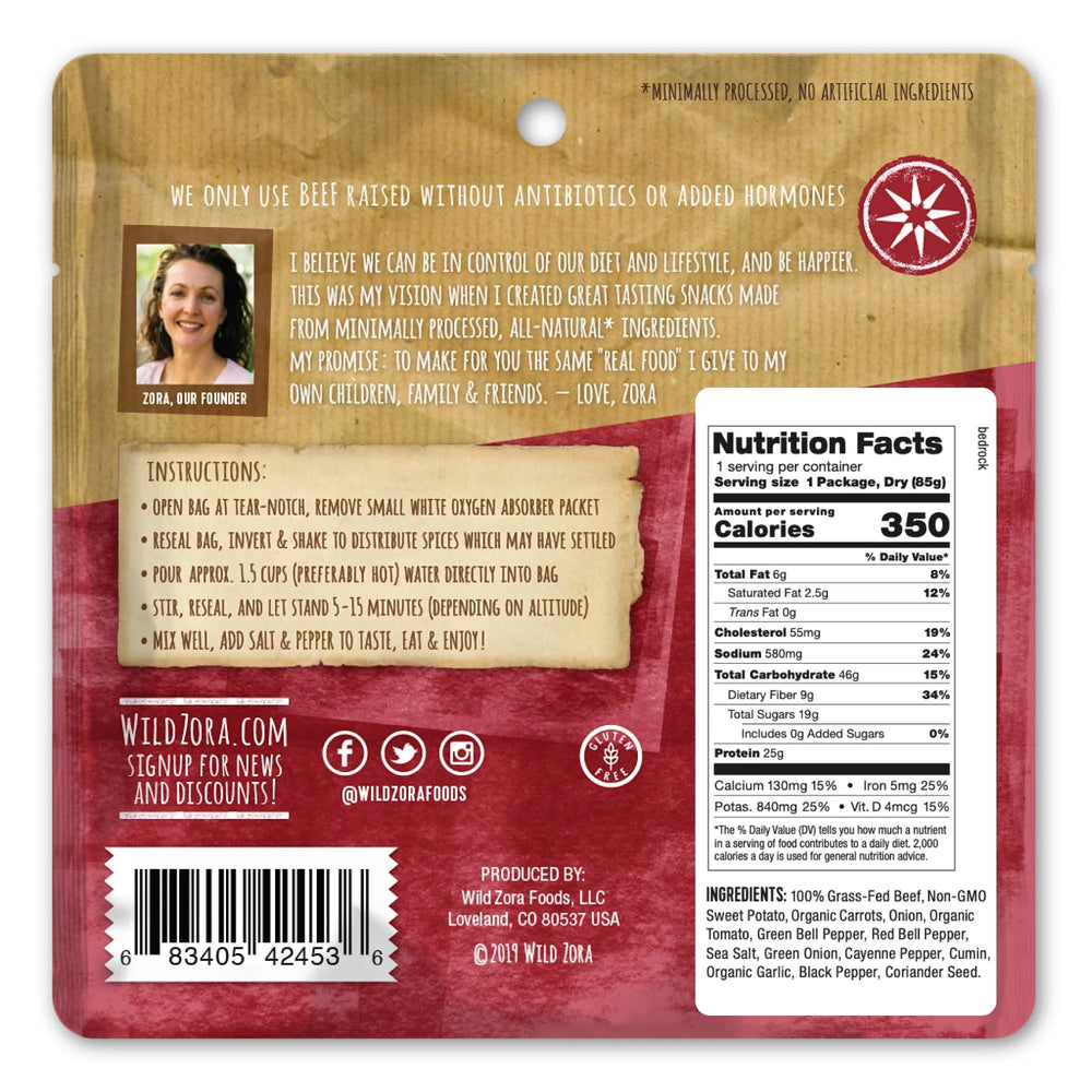 Wild Zora meals grass-fed beef label close-up signals high-protein mountain meal.