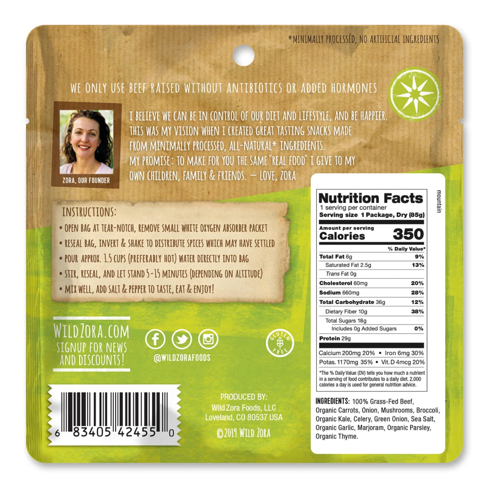 Wild Zora meals ingredients beef close-up emphasizes grass-fed protein for on-the-go meals.