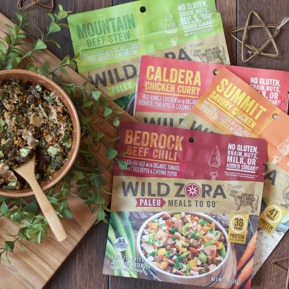 Wild Zora meals no added sugar label close-up suggests cleaner energy option.