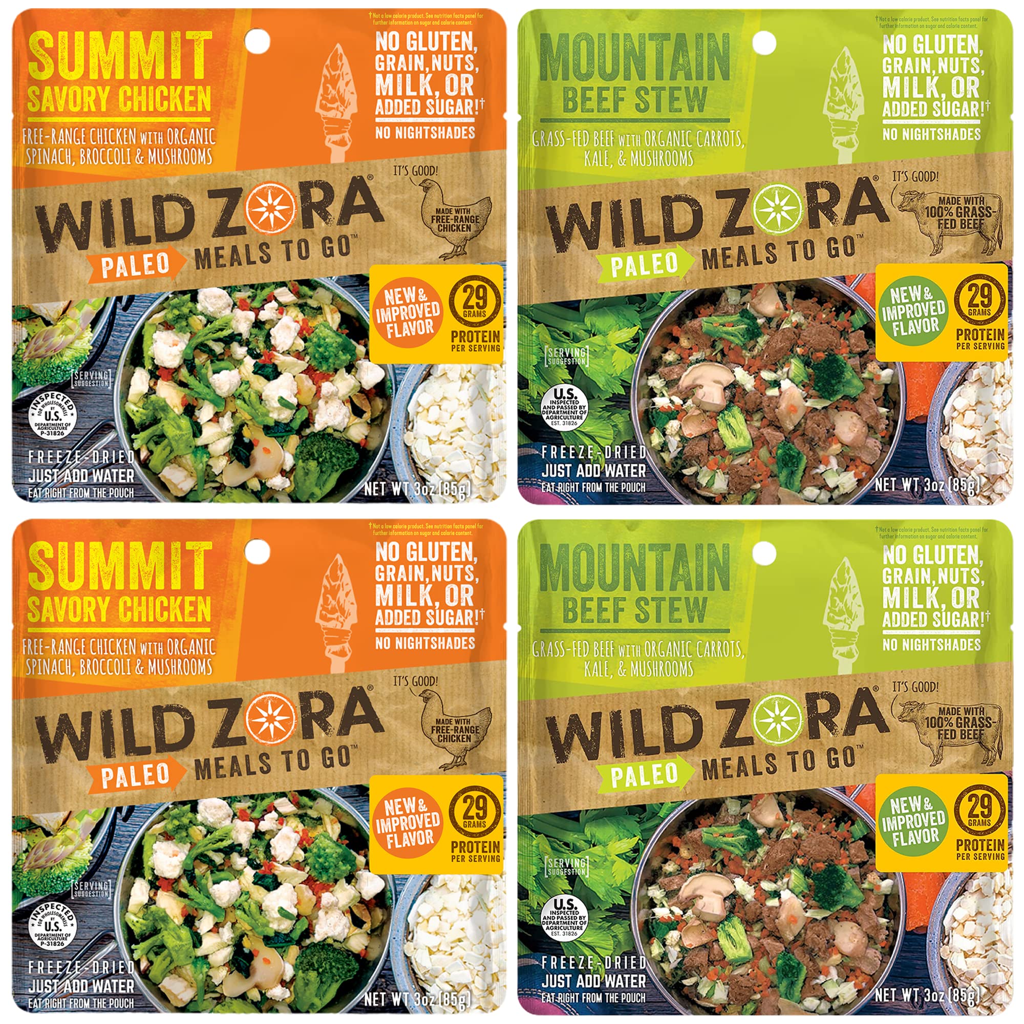 Wild Zora paleo freeze-dried meal pack travel-ready nutrition.