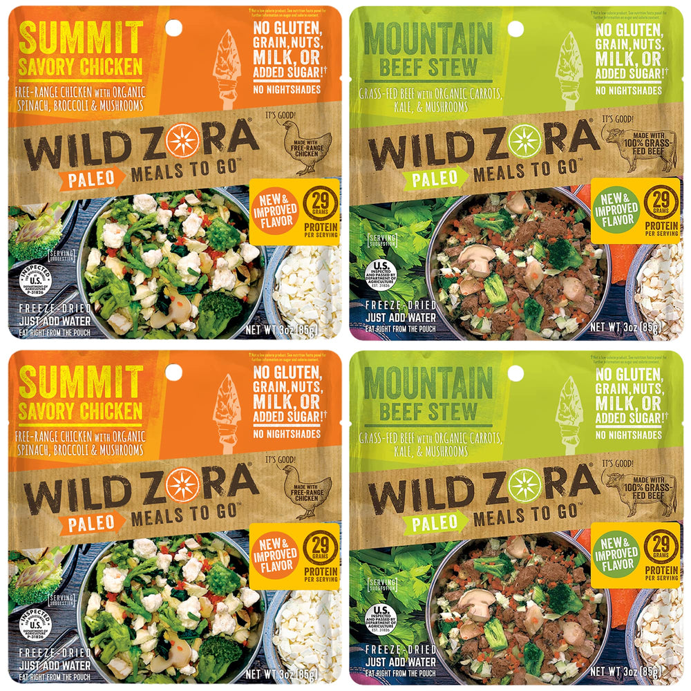 Wild Zora paleo freeze-dried meal pack travel-ready nutrition.