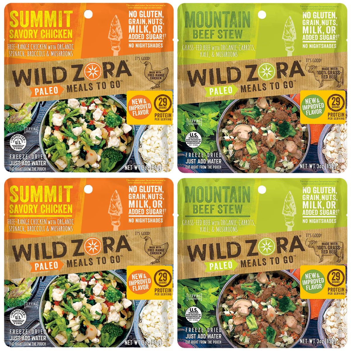 Wild Zora paleo freeze-dried meal pack travel-ready nutrition.