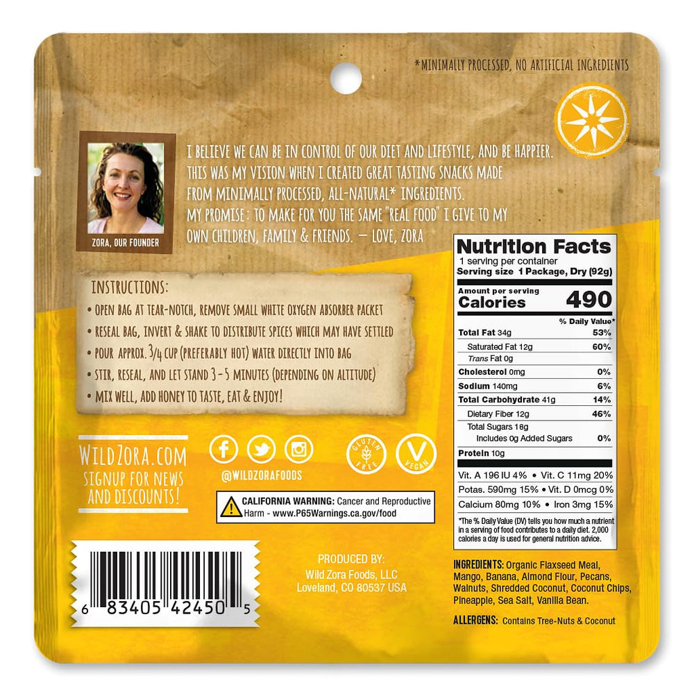 Wild Zora Palisade Pineapple Mango pouch open, ready-to-eat camping breakfast.