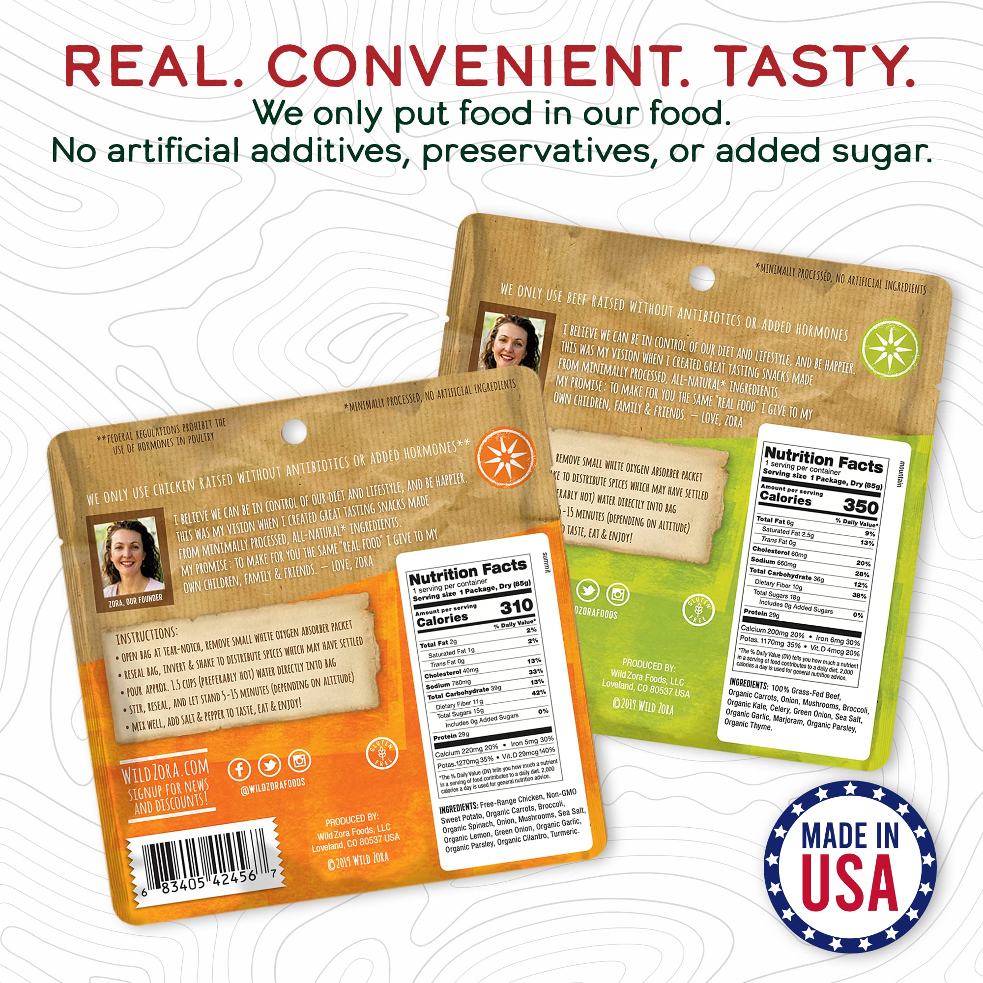 Wild Zora ready-to-eat meal pouch shows quick camping fuel.