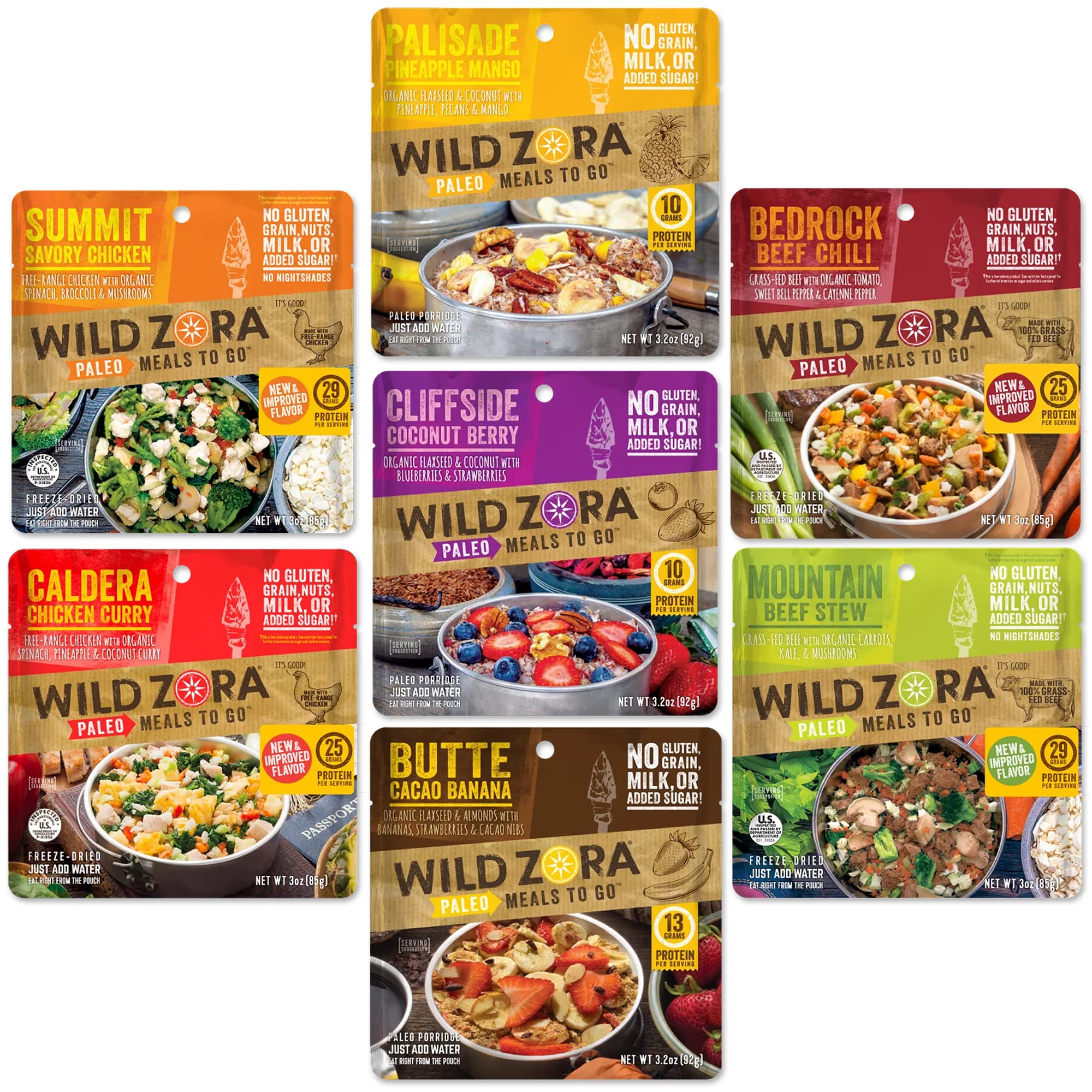 Wild Zora variety 7-pack pouches for convenient camping meals.