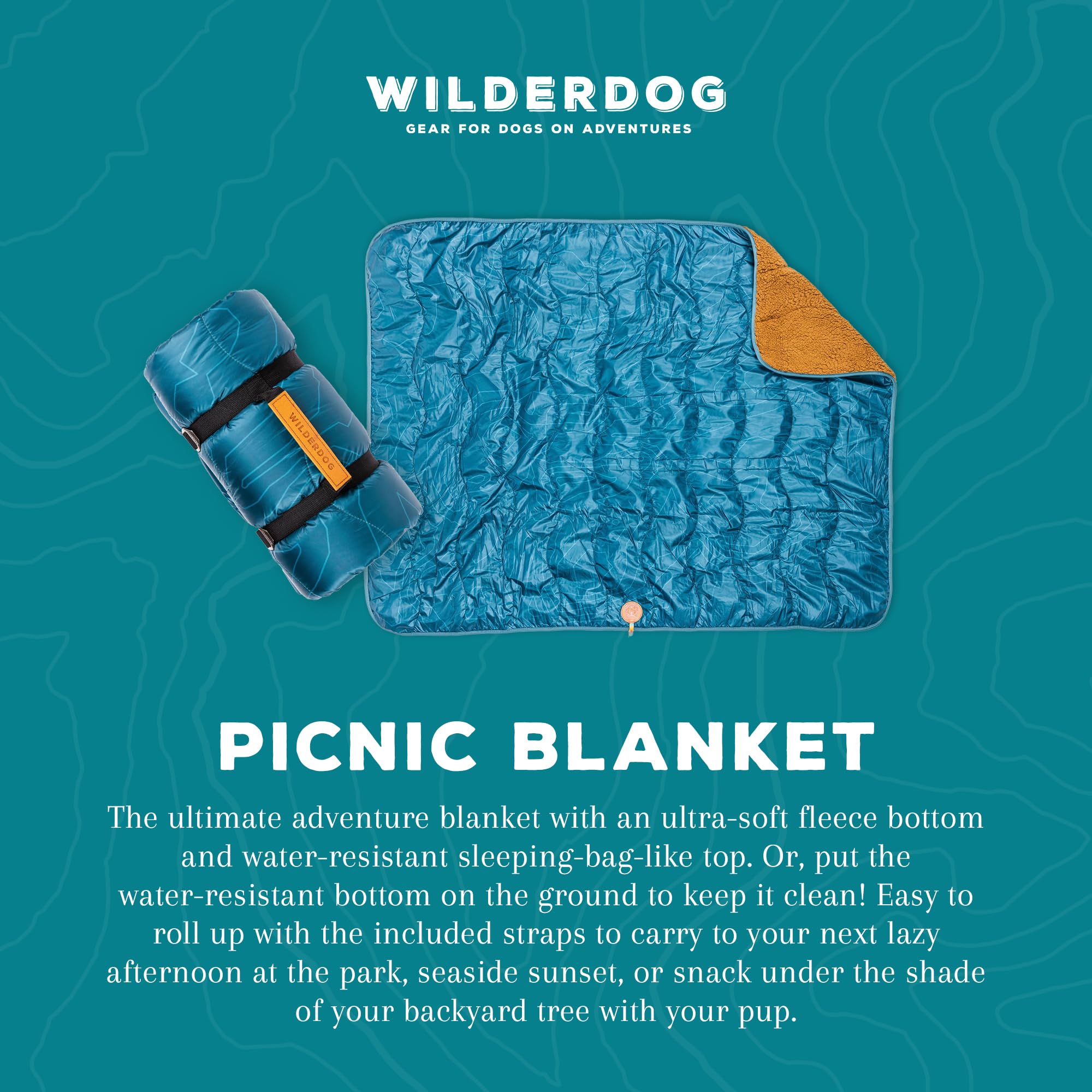 Wilderdog Caspian color blanket on park grass for a dog-friendly picnic.