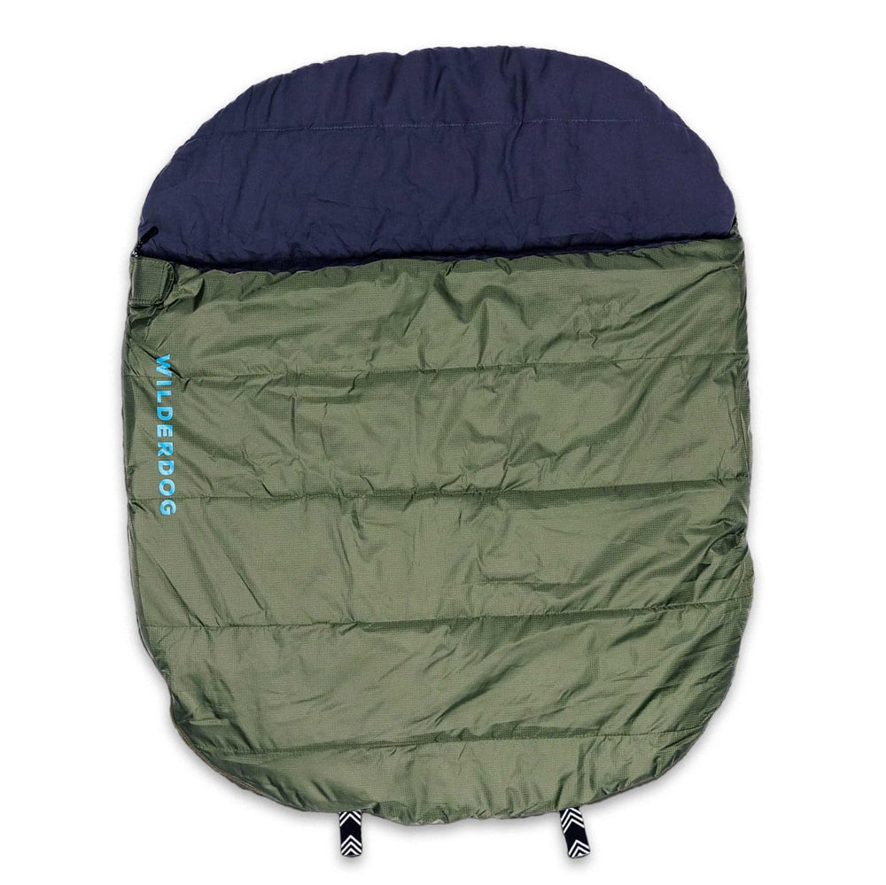 Wilderdog sleeping bag olive open flat shows roomy resting space for dogs on trips.