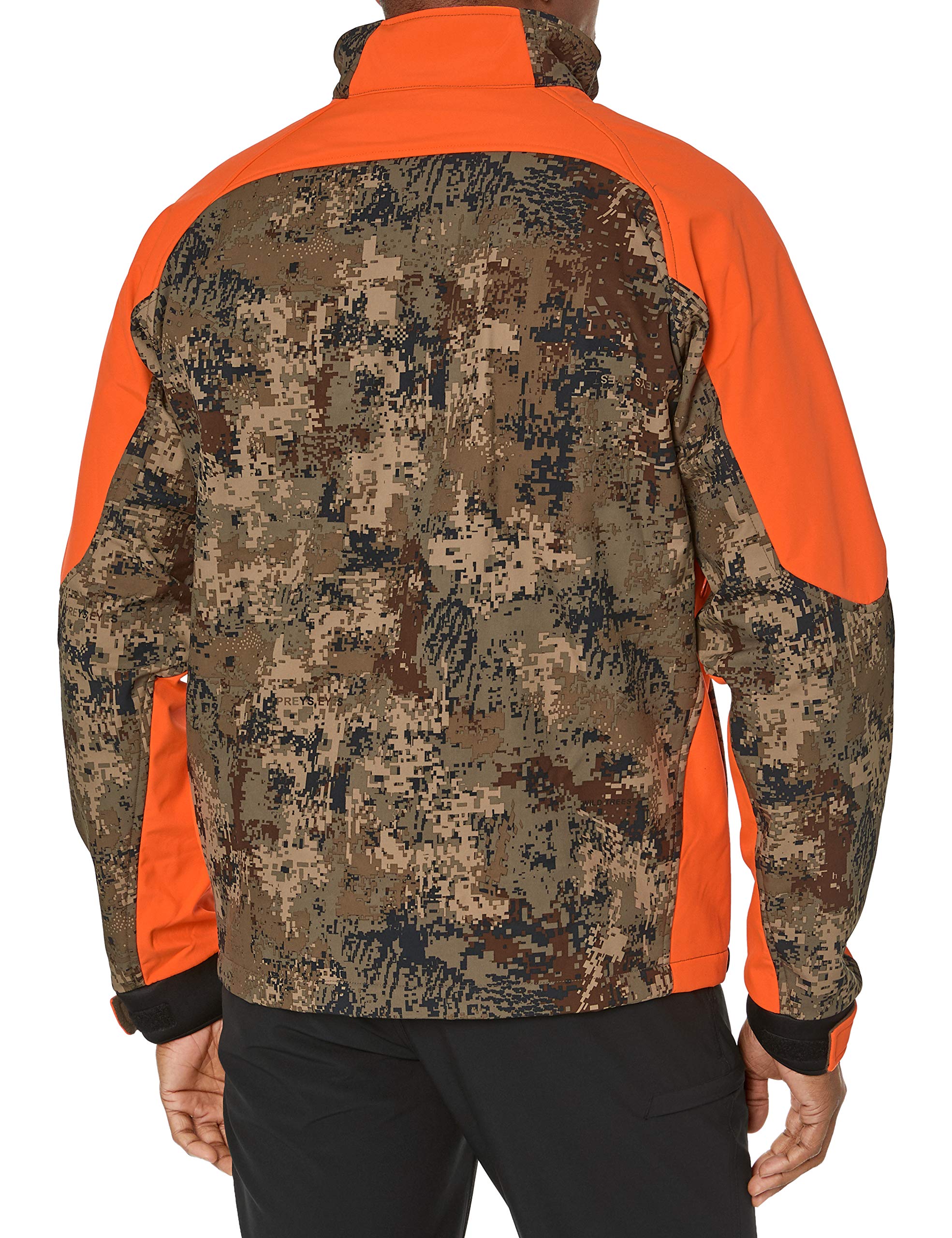 Wildfowler men's soft shell jacket in digital camo back view, adjustable cuffs ensure secure fit.