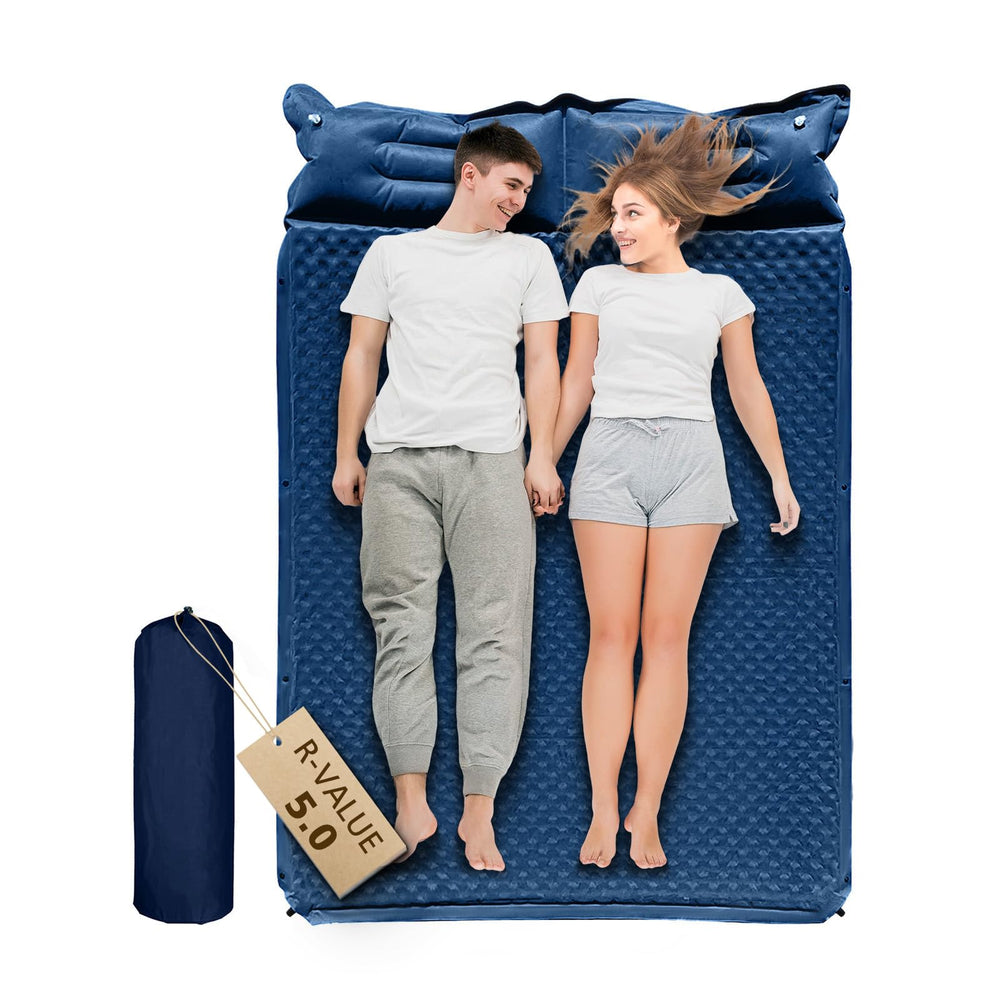 WILD FUN double sleeping pad front view showing a two-person setup with memory foam comfort