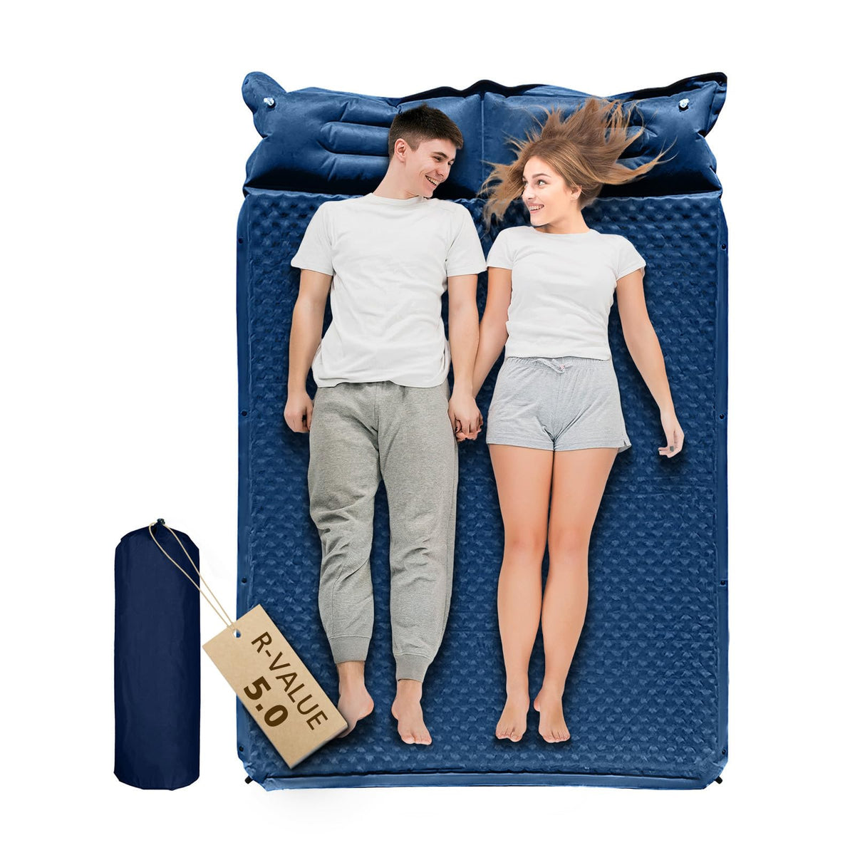 WILD FUN double sleeping pad front view showing a two-person setup with memory foam comfort