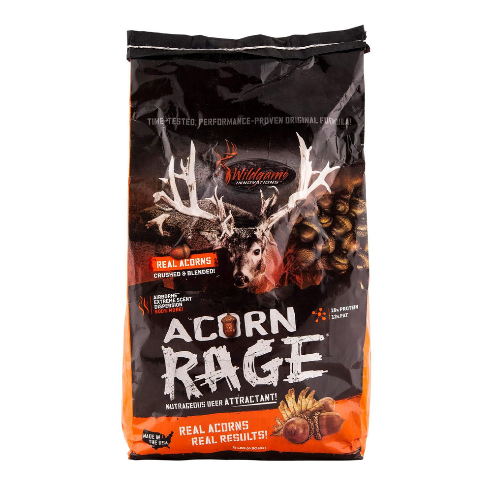 Wildgame Innovations Acorn Rage 15-Pound Bag shown with real acorns for deer attraction.