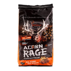 Wildgame Innovations Acorn Rage 15-Pound Bag shown with real acorns for deer attraction.