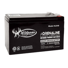 Wildgame Innovations Edrenaline tab-style 12V battery powering feeders in the field.