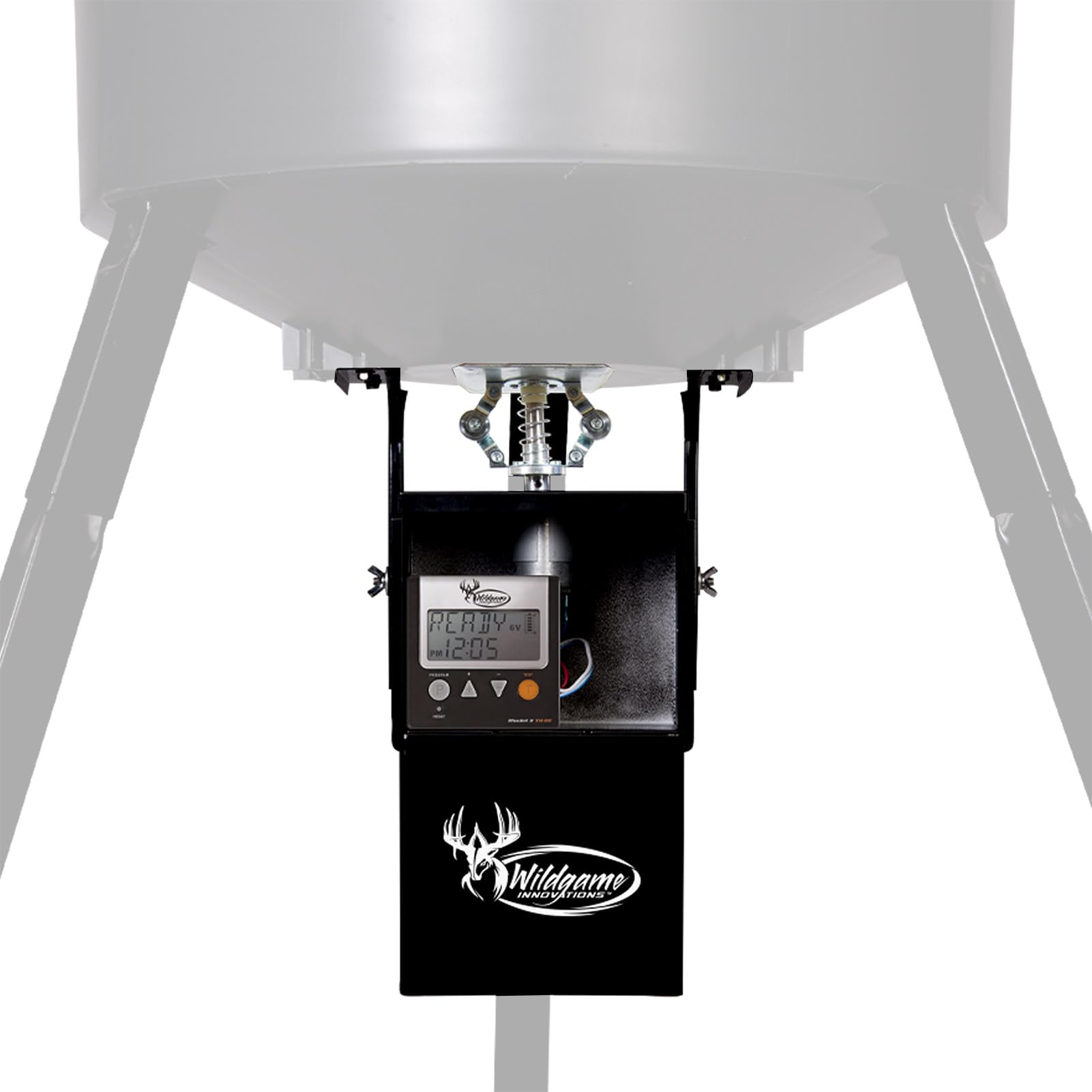 Wildgame Innovations Evolution Feeder 30ft feed range image illustrates broad dispersal for herd patterning