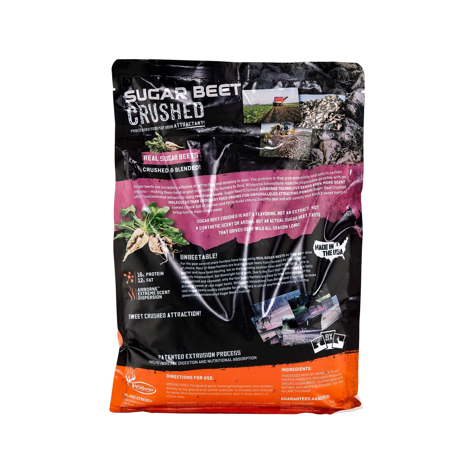Wildgame Innovations Nutrition value shows 16 protein and 12 fat for deer appeal
