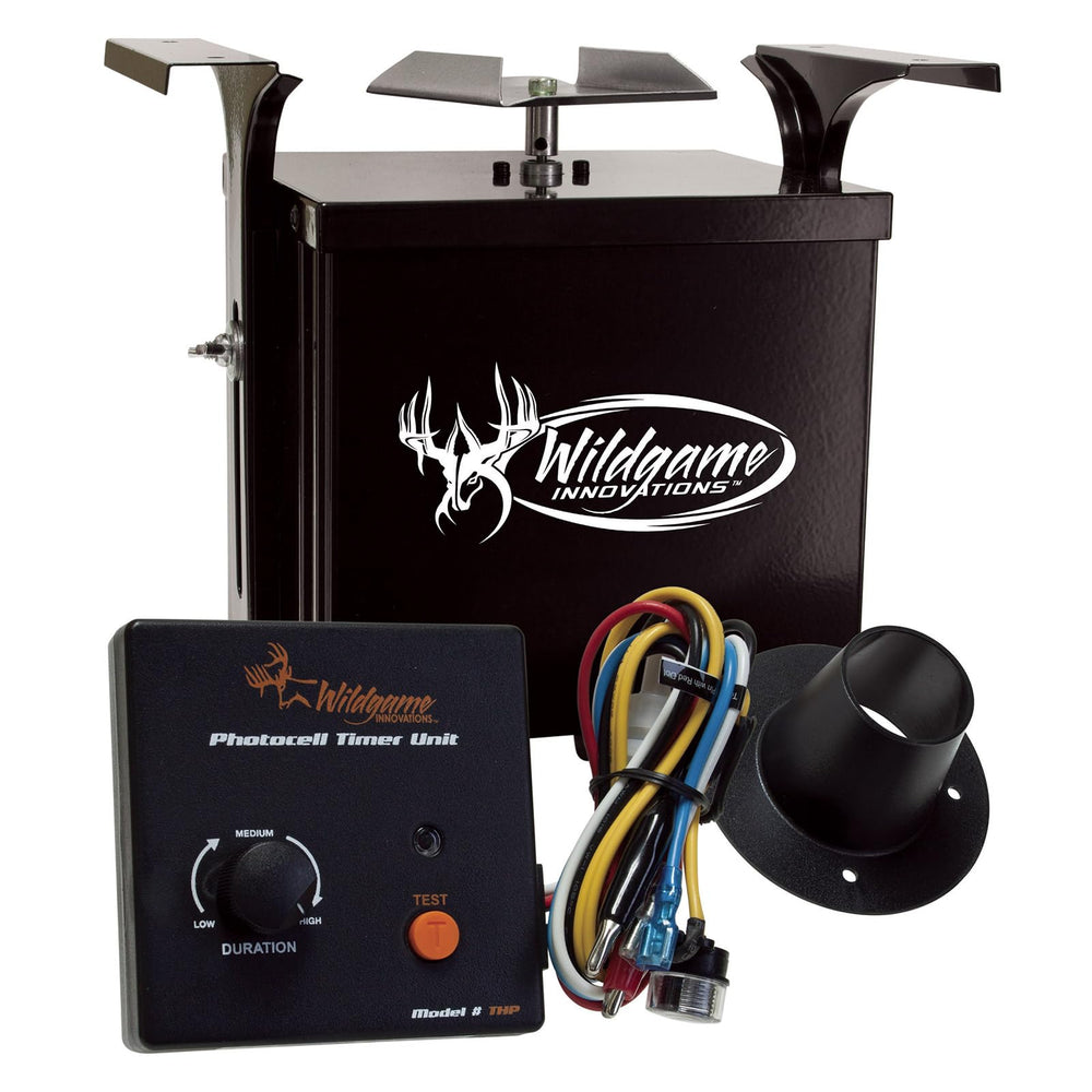 Wildgame Innovations Trophy Hunter 6V feeder cover—weather-ready powder-coated steel.
