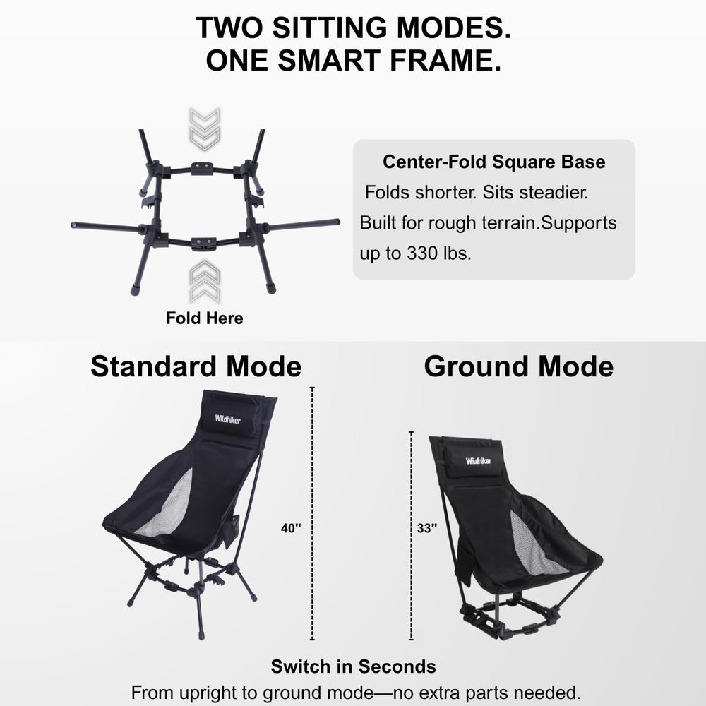 Wildhiker chair pillow attached provides neck or back support on outings.