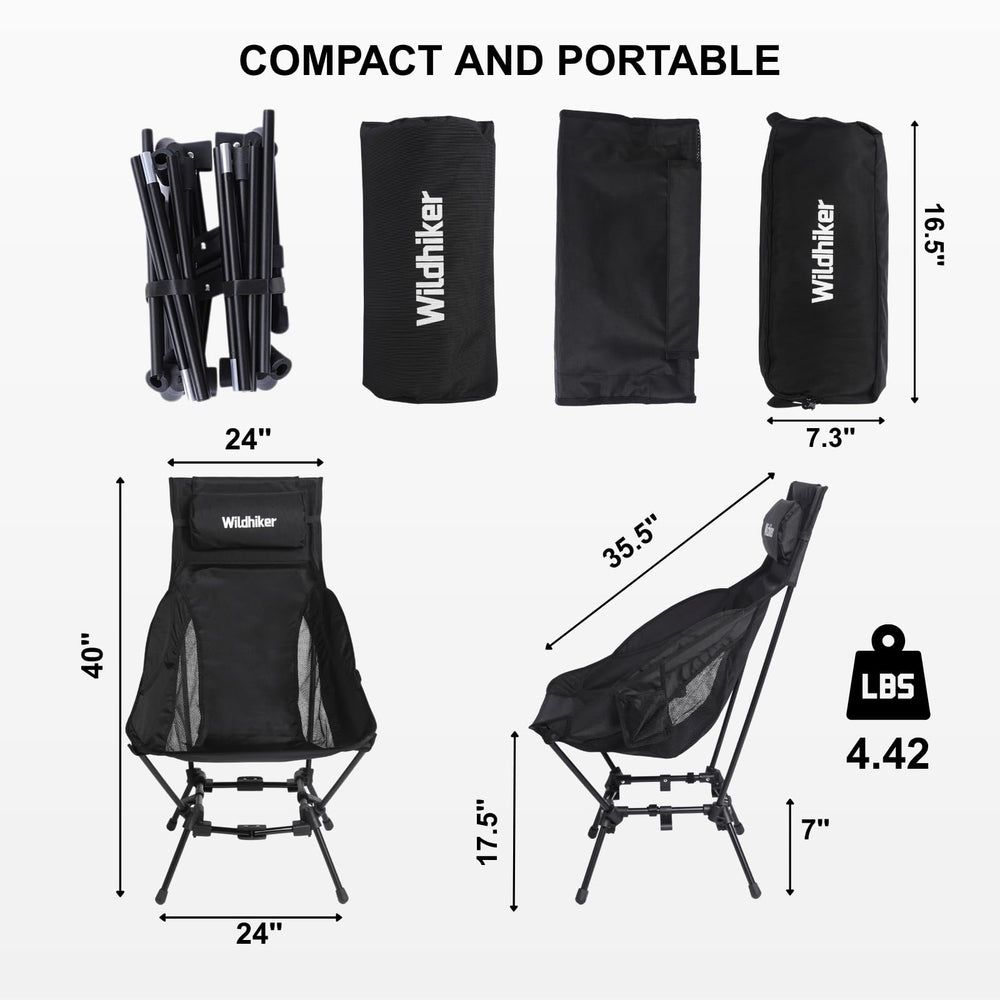 Wildhiker chair with two modes demonstrates standard seating or low-sit option.