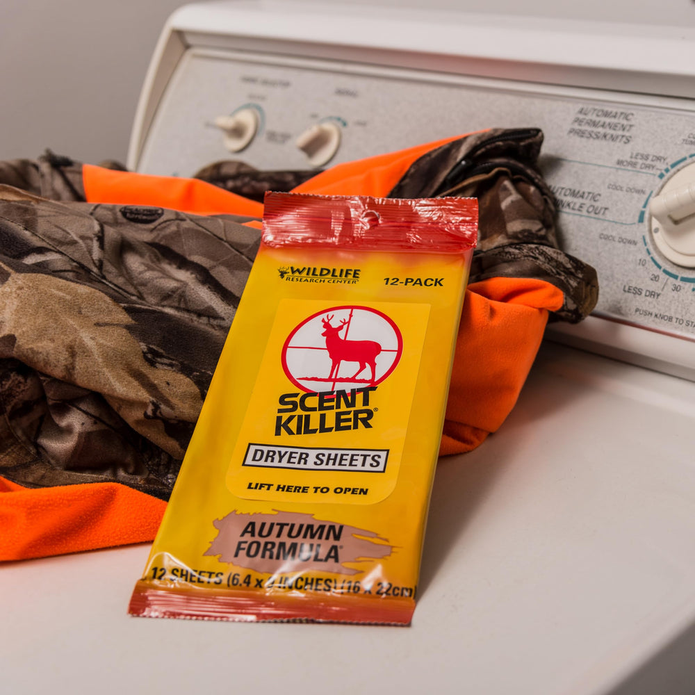 Wildlife Research Center 580 Scent Killer Autumn Dryer Sheets in use on hunting clothes reduces static.