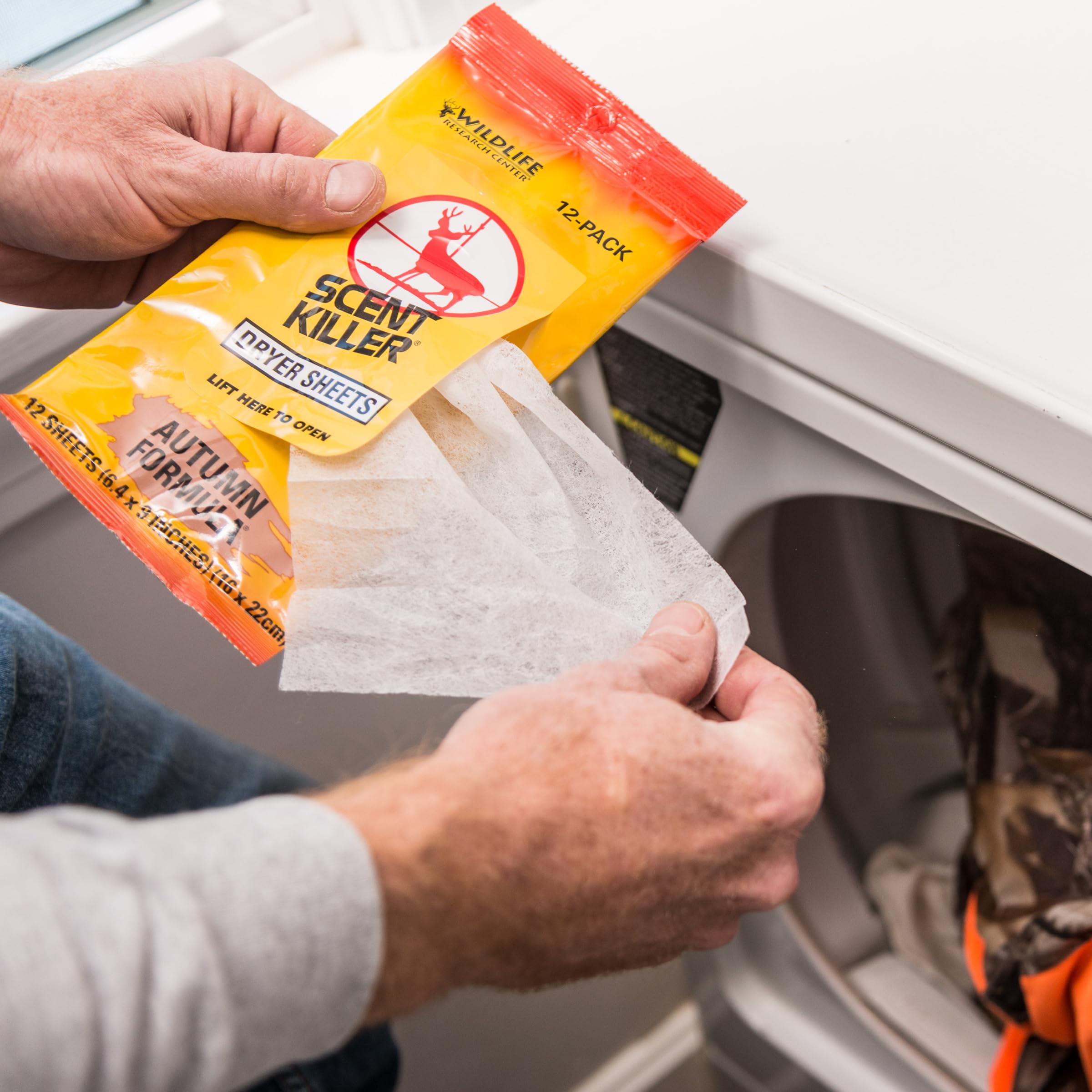 Wildlife Research Center 580 Scent Killer Autumn Dryer Sheets pack back shows contents and scent claim.