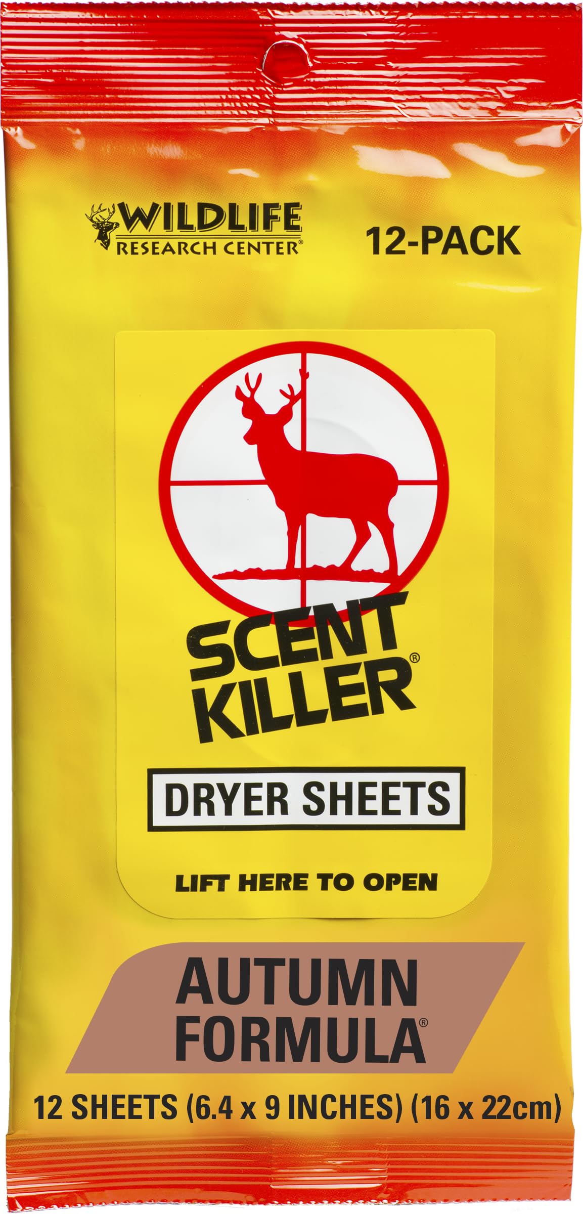 Wildlife Research Center 580 Scent Killer Autumn Dryer Sheets pack front reduces static and odors.