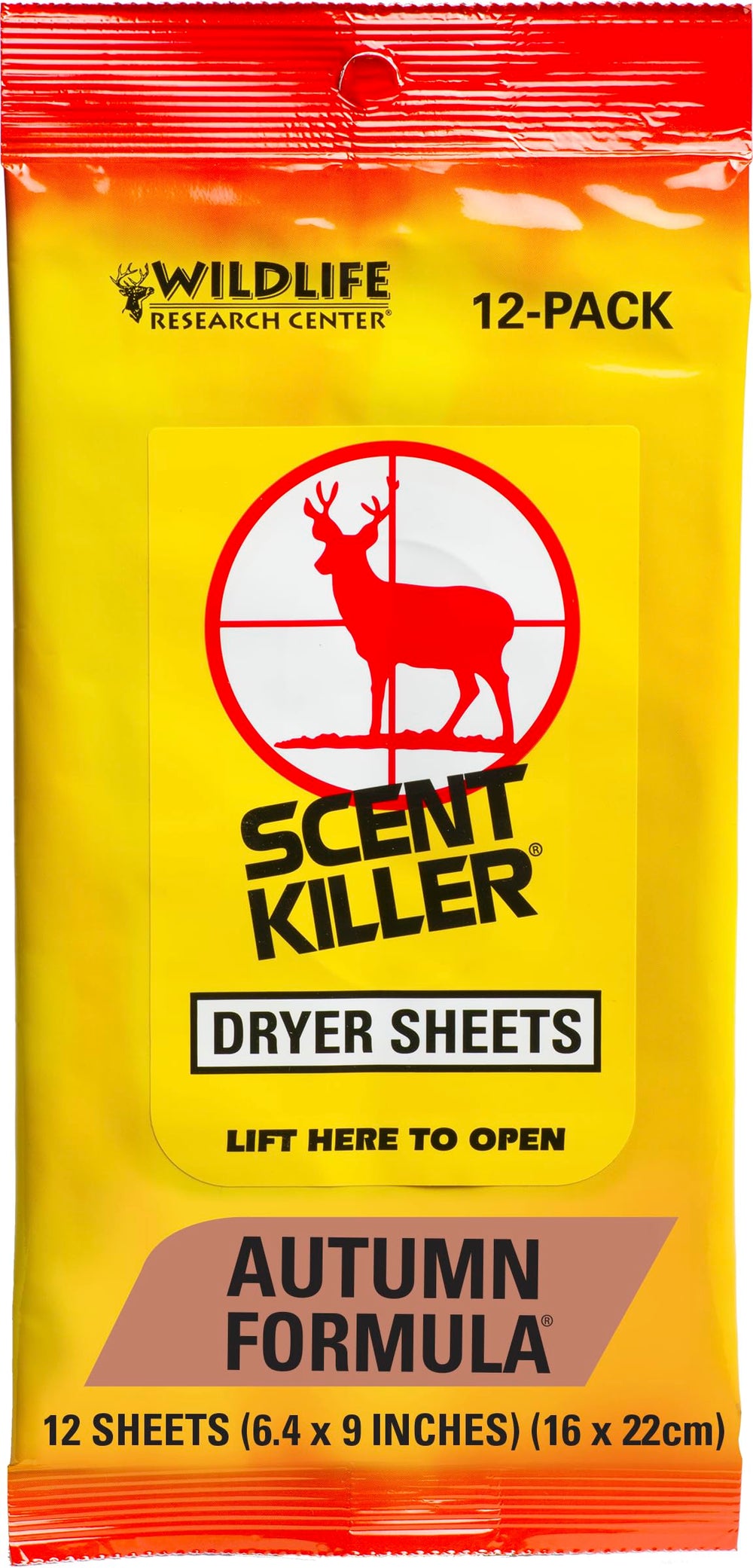 Wildlife Research Center 580 Scent Killer Autumn Dryer Sheets pack front reduces static and odors.