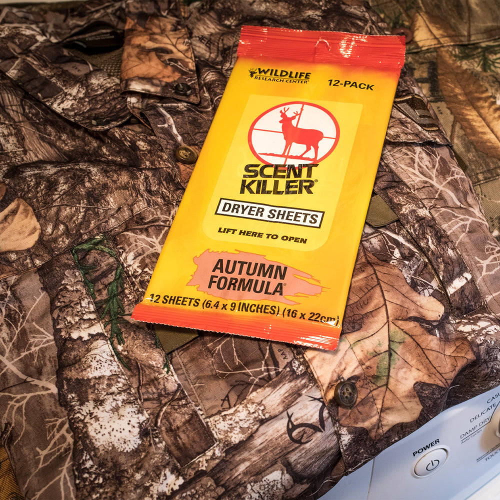 Wildlife Research Center 580 Scent Killer Autumn Dryer Sheets yellow color macro shot emphasizes forest floor scent.