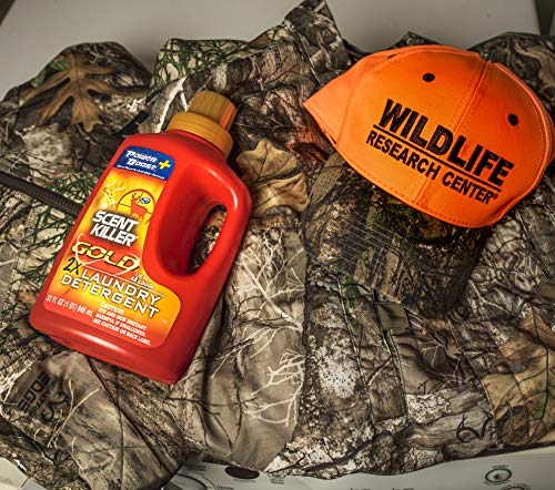 Close-up of product scene emphasizing odor elimination and fabric protection for hunting gear.