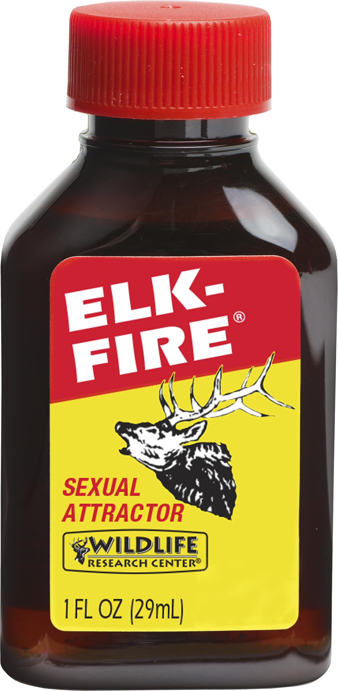 Wildlife Research Center Elk Fire bottle in amber glass ideal for field hunting setups.
