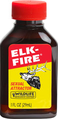 Wildlife Research Center Elk Fire bottle in amber glass ideal for field hunting setups.