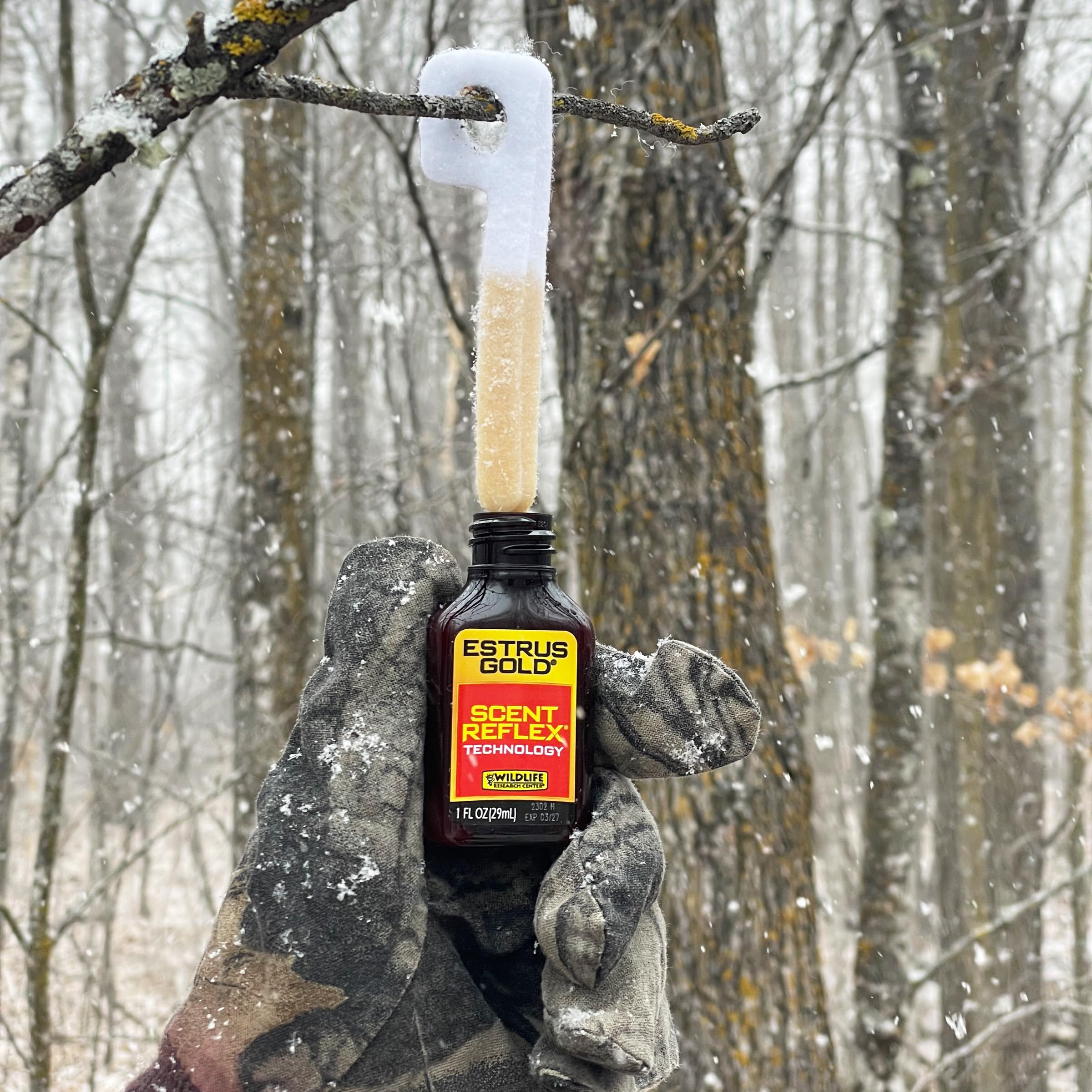 Wildlife Research Center Estrus Gold packaging keeps scents fresh during field use.