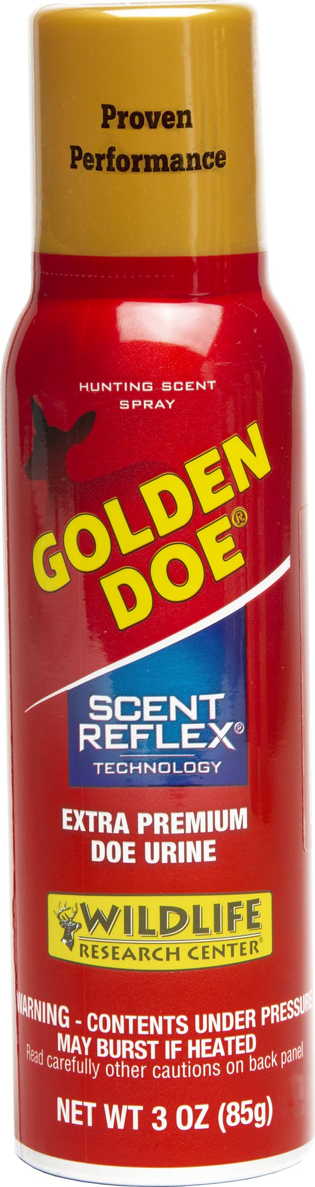 Wildlife Research Center Golden Doe Attractor aerosol can for versatile field scent dispersal.