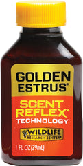Wildlife Research Center Golden Estrus bottle delivering premium doe urine for estrus attraction.