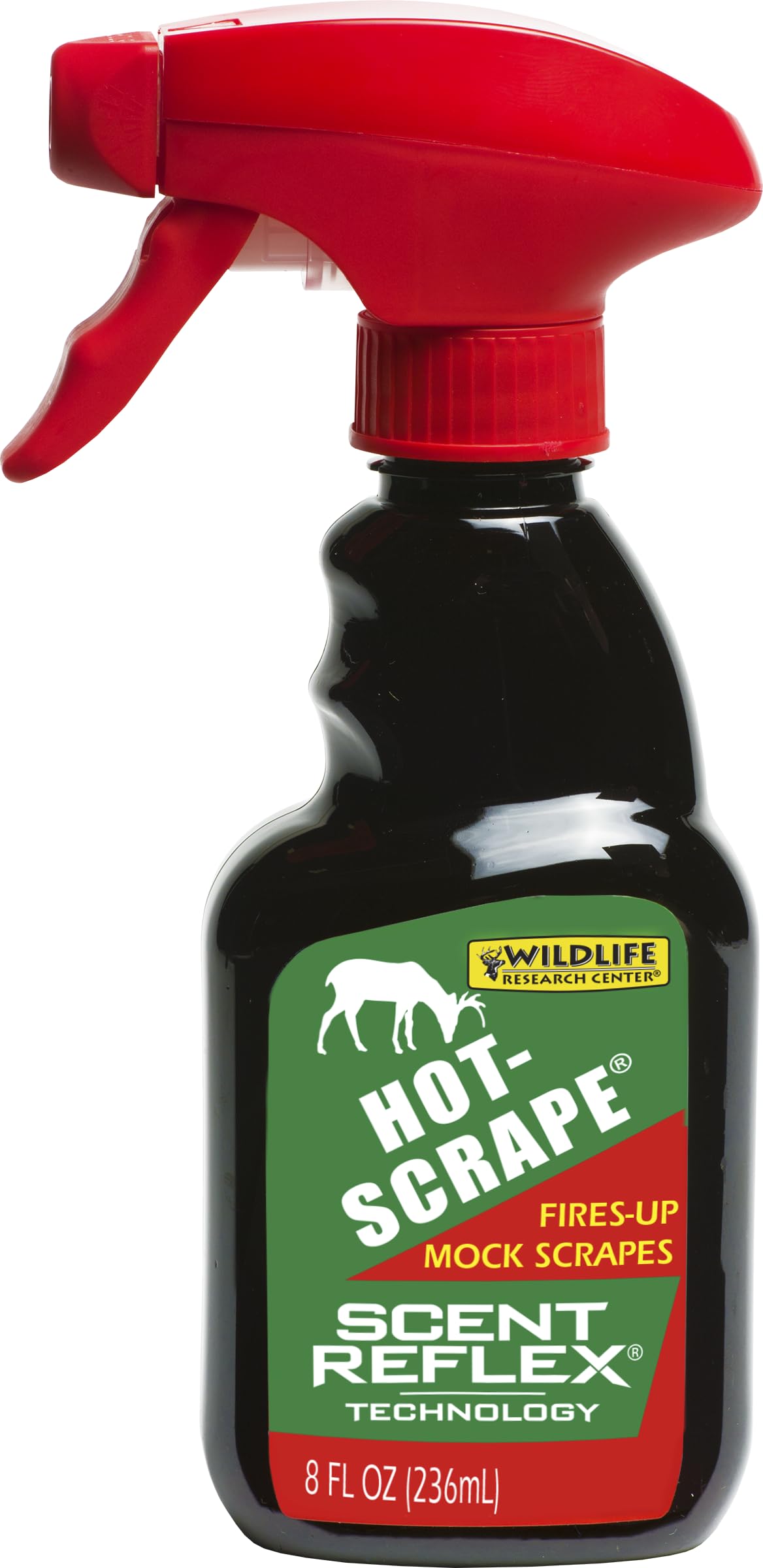 Wildlife Research Center Hot-Scrape 8oz trigger bottle in silver, premium scent for proactive scrapes.