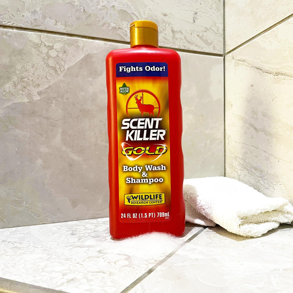 Scent Killer Gold with Aloe moisturizes skin during outdoor showers.