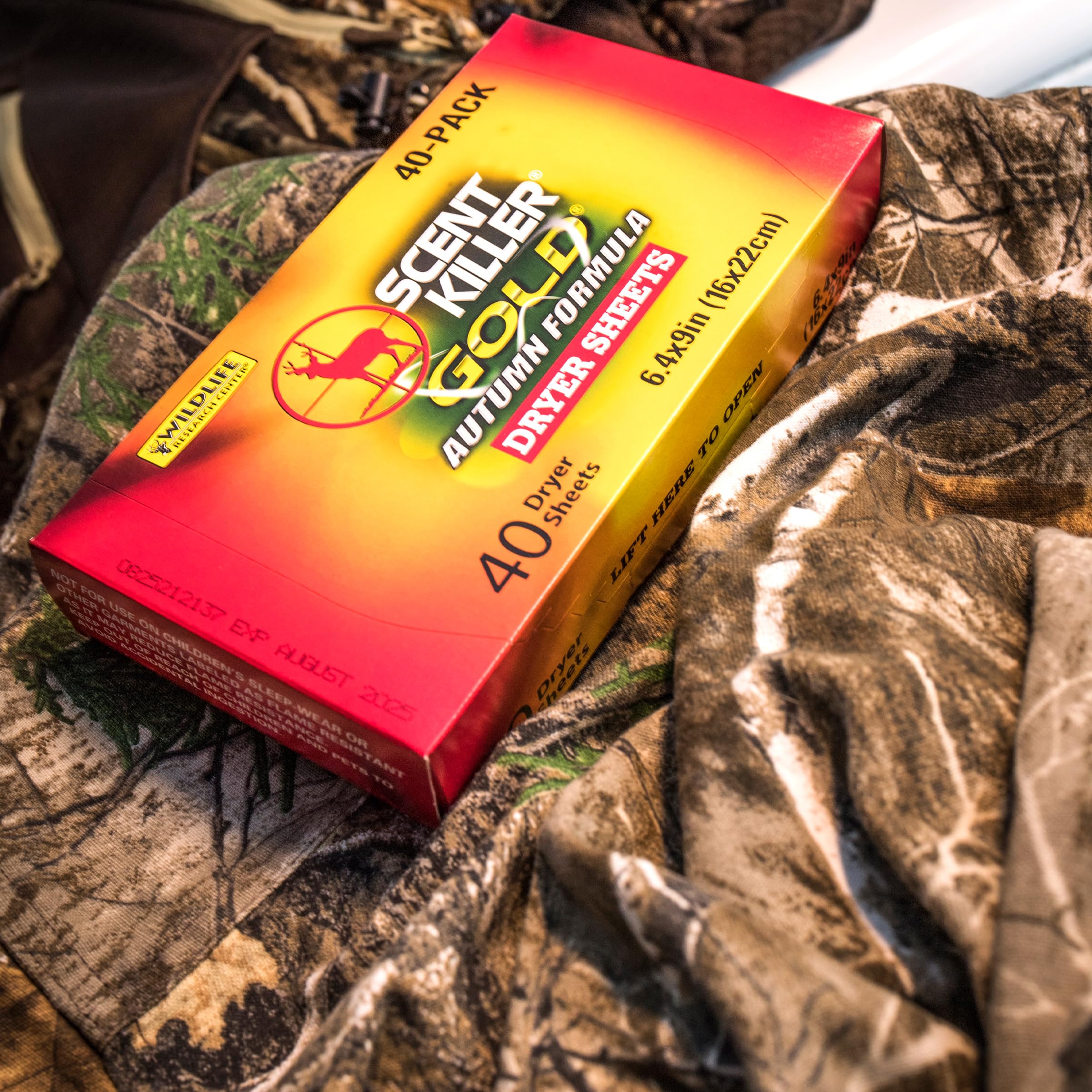 Scent Killer Gold Autumn dryer sheet placed in gear bag for on-the-go use