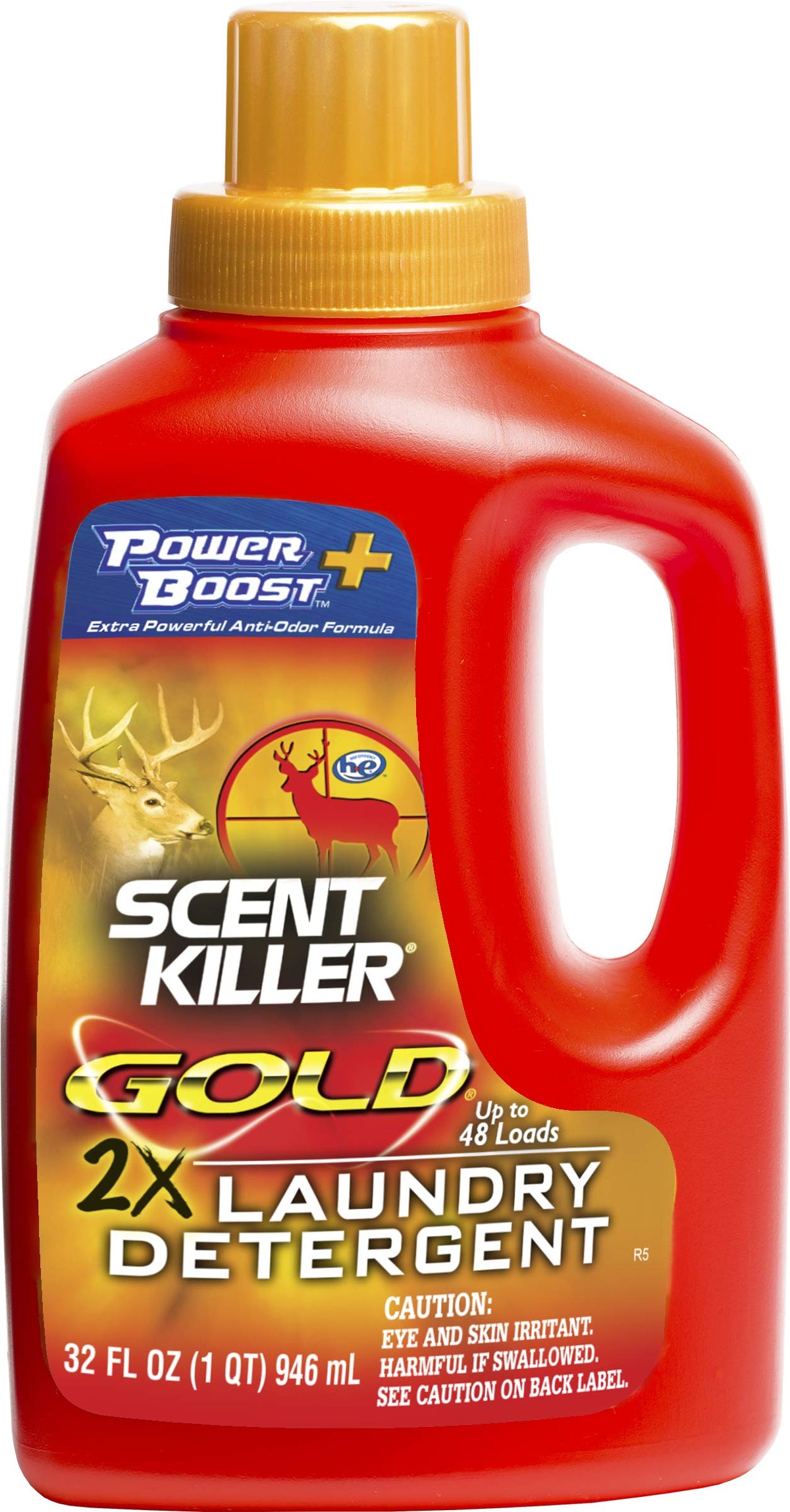 Wildlife Research Center Scent Killer Gold detergent bottle powering odor elimination for hunting clothes.