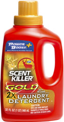 Wildlife Research Center Scent Killer Gold detergent bottle powering odor elimination for hunting clothes.