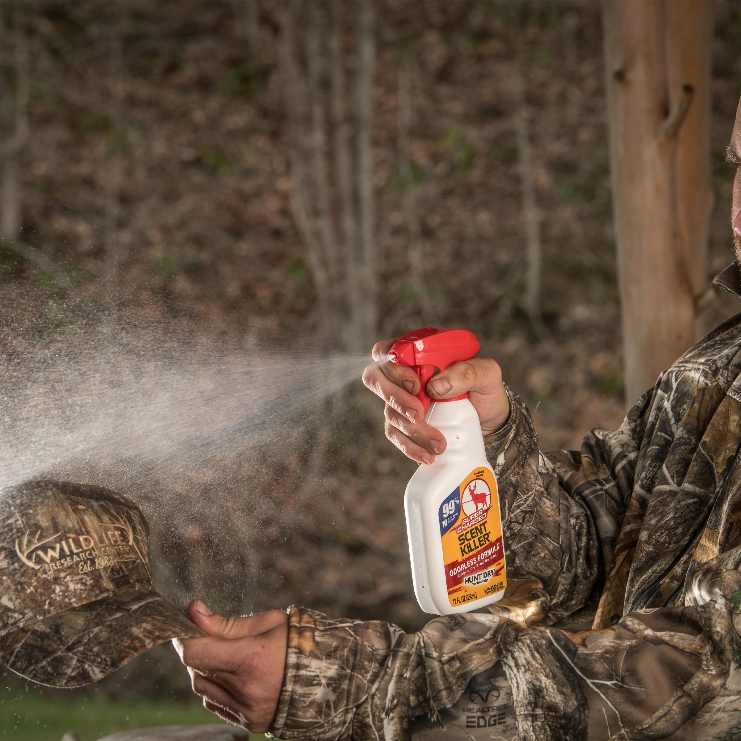 Wildlife Research Center Scent Killer spray on a backpack ready for odor control