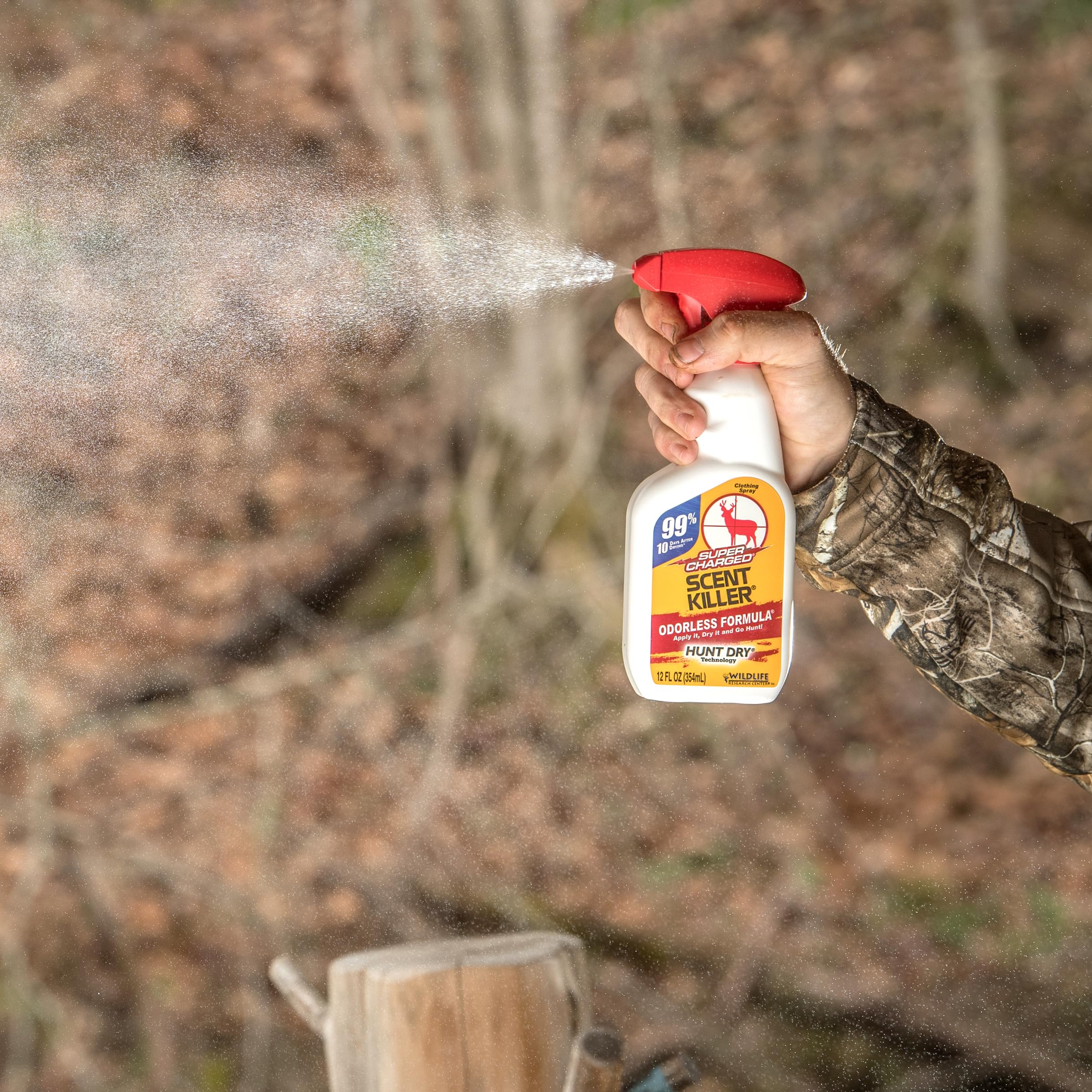 Wildlife Research Center Scent Killer spray label with 12 oz capacity and odor-eliminating action