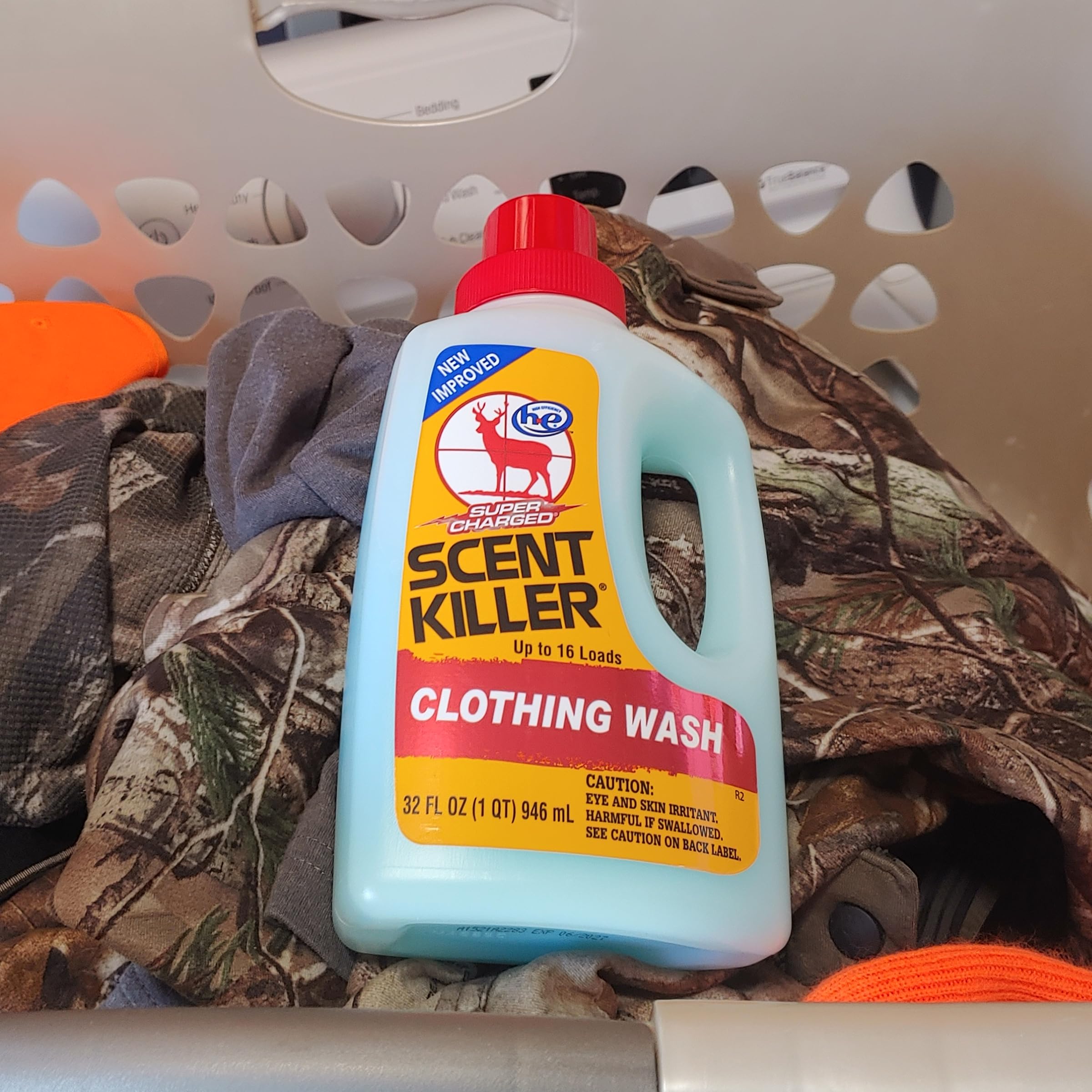 Wildlife Research Center Scent Killer Super Charged Clothing Wash in HE washer demonstrates compatibility