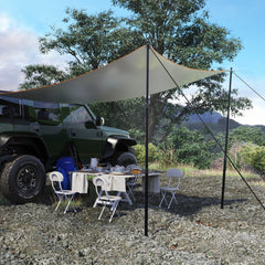 Wildroad tarp poles with non-slip bottom cone secure ground anchoring on soft soil.