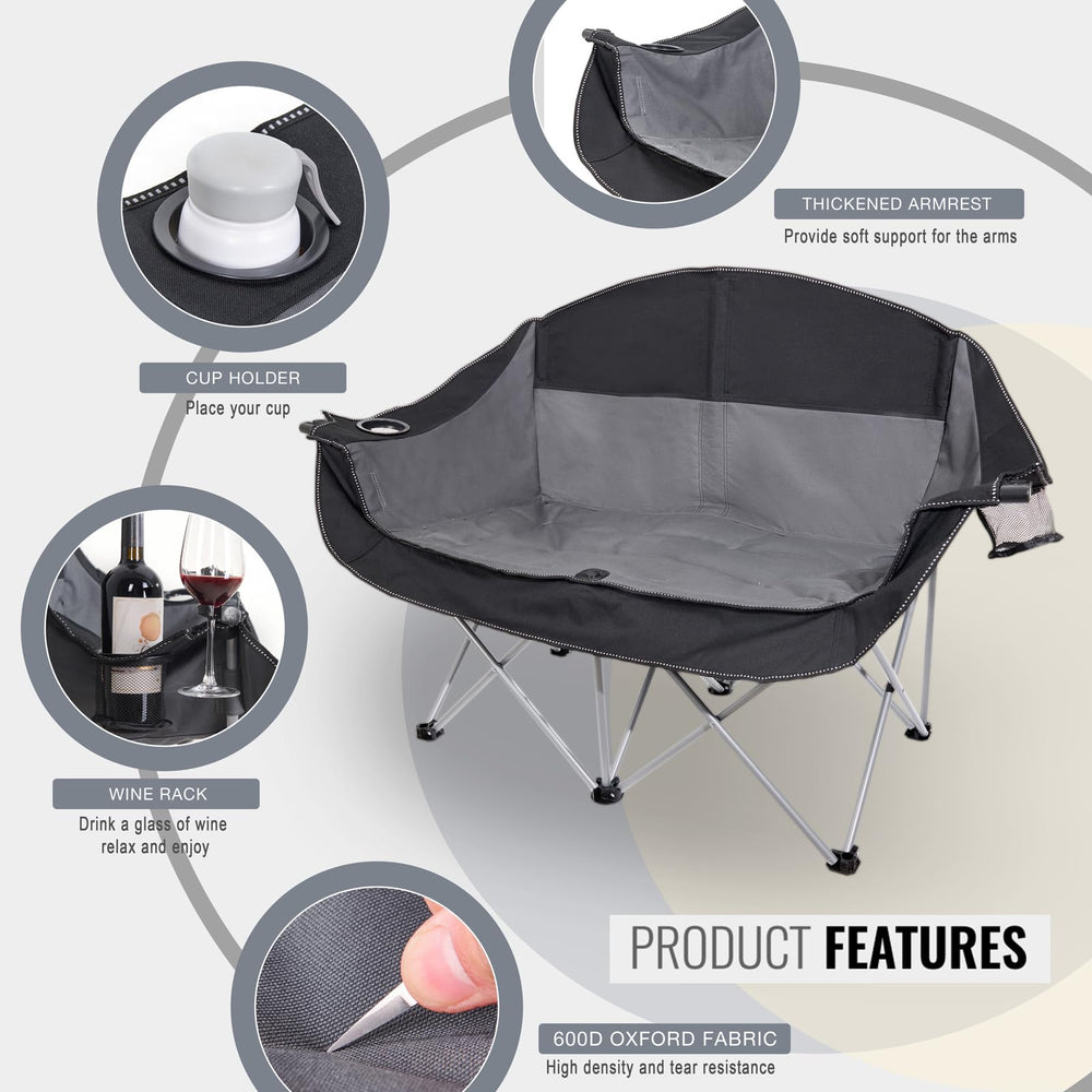 WILDROOTS outdoor folding double chair with cup holder keeps beverages within reach.